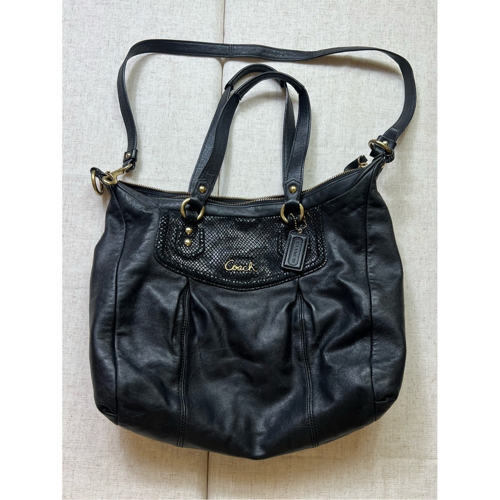 Coach Ashley Black Leather Python Trim Convertible Hobo Shoulder Bag F20104